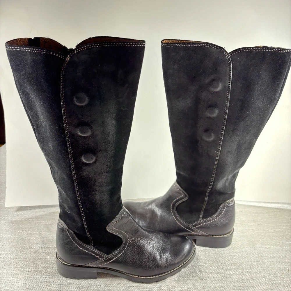 Sofft Black Leather Suede Tall Riding Boots‎ Size 6.5M Button Accent Zip Up